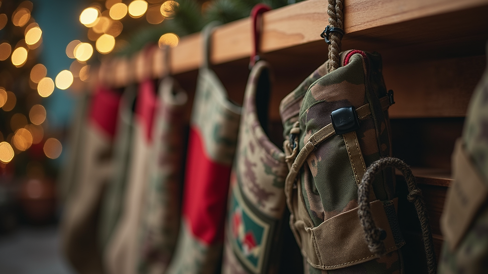 Eye-level view of a military gift stocking filled with tactical gear and coffee