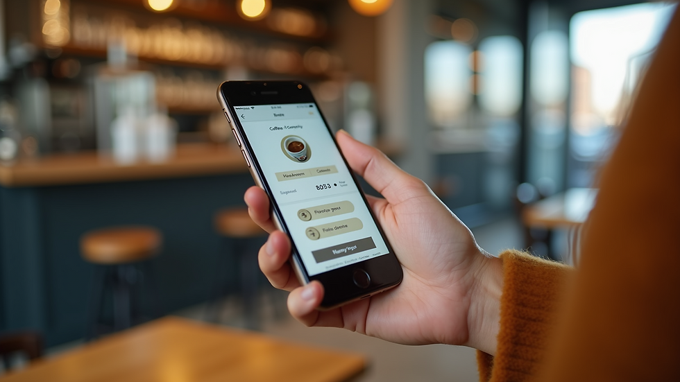 Close-up of a smartphone displaying a coffee shop loyalty app with points and rewards