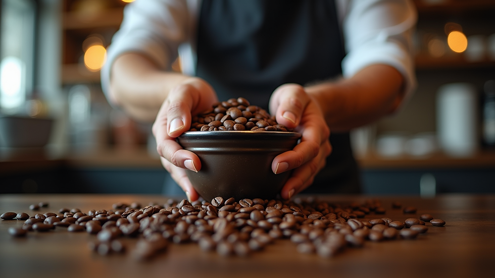 Eye-level view of a barista grinding fresh coffee beans