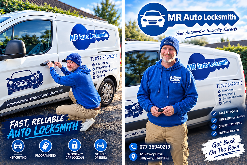 Branded MR Auto Locksmith van and locksmith, blue hoodie, strong local service feel, landscape layout, locksmith service imagery.