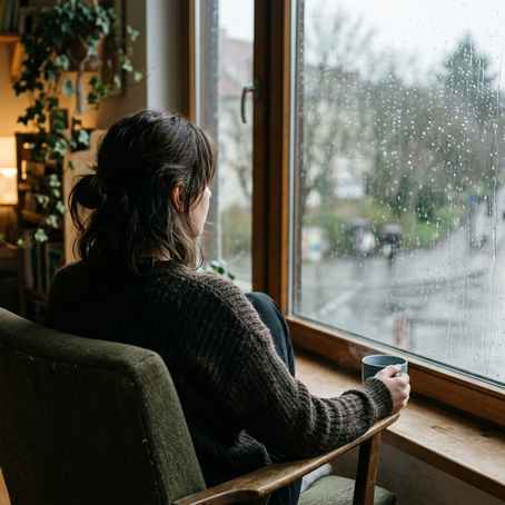 Person sitting by a window on a rainy day, quietly reflecting in doors.