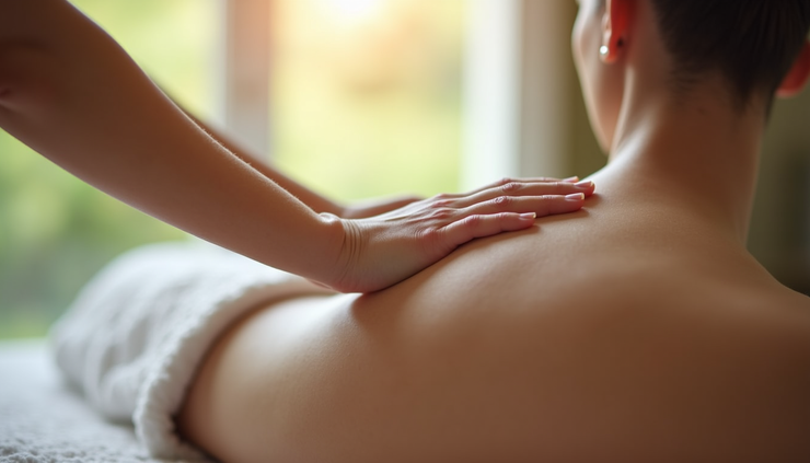 A Reiki practitioner performing healing with hands over a client's back