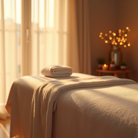 A calm Reiki treatment room with a massage table, soft lighting, and a relaxing atmosphere