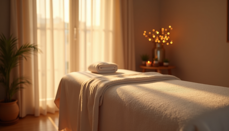 Eye-level view of a peaceful Reiki treatment room with soft lighting and a treatment couch