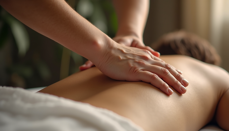 Close-up view of a Reiki practitioner’s hands gently hovering above a person’s back