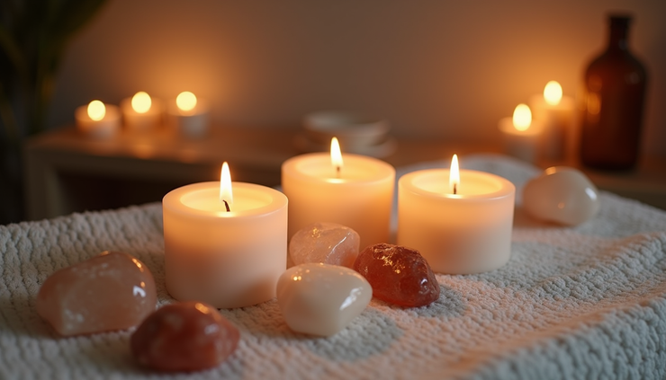 High angle view of a calm therapy room with candles and crystals arranged for a Reiki session
