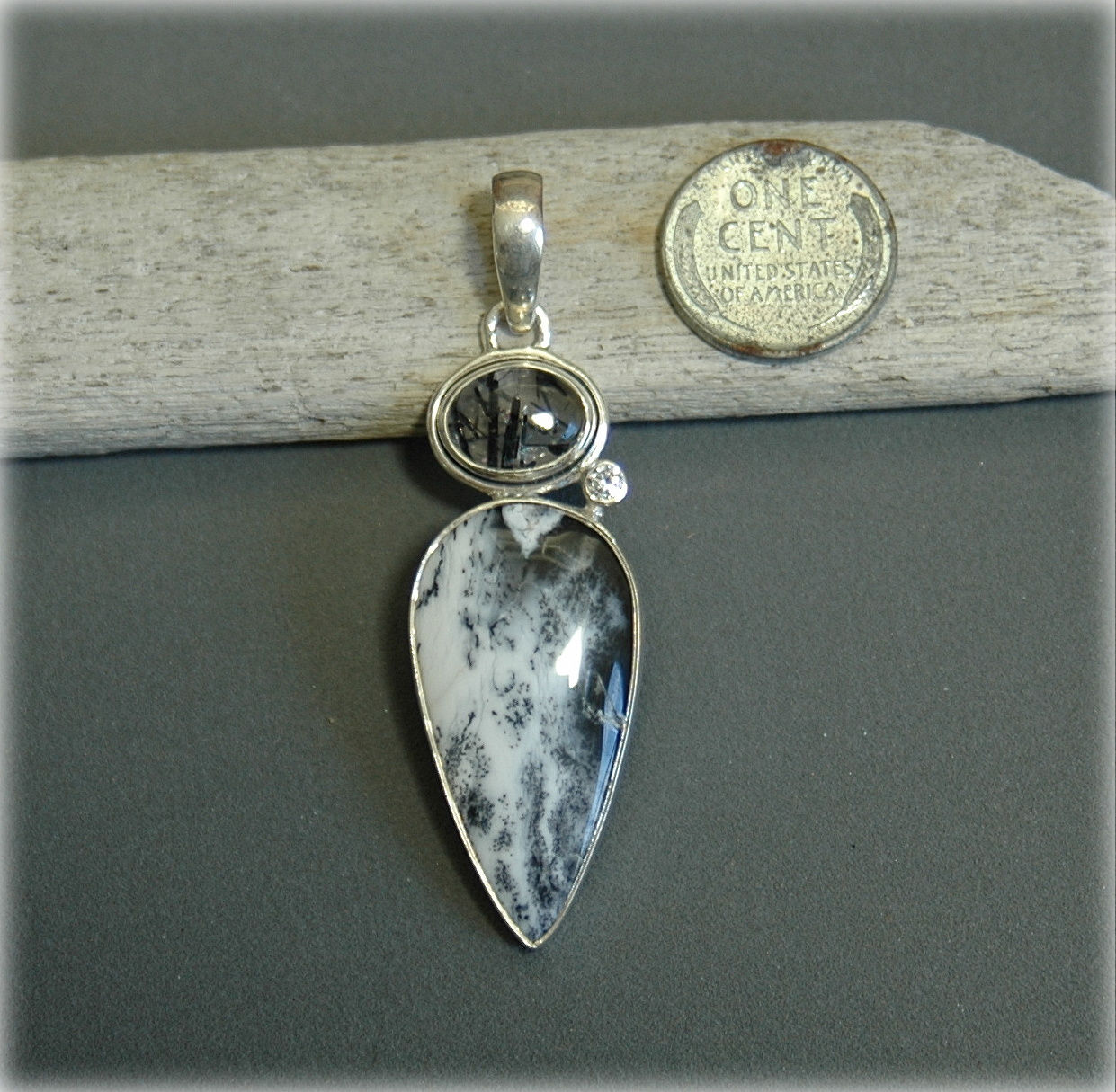 Black & White Agate, Quartz & CZ Pendant