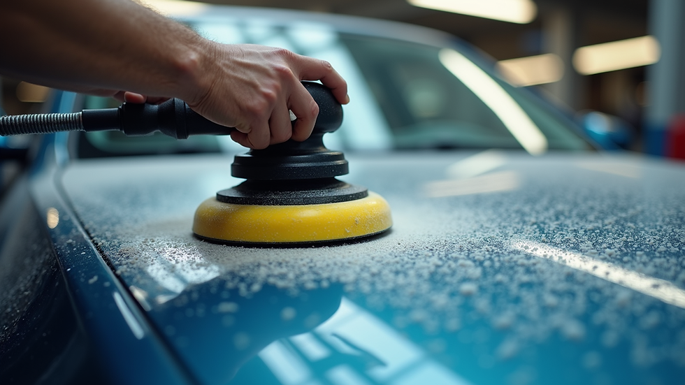 Close-up view of a car being polished with a buffer