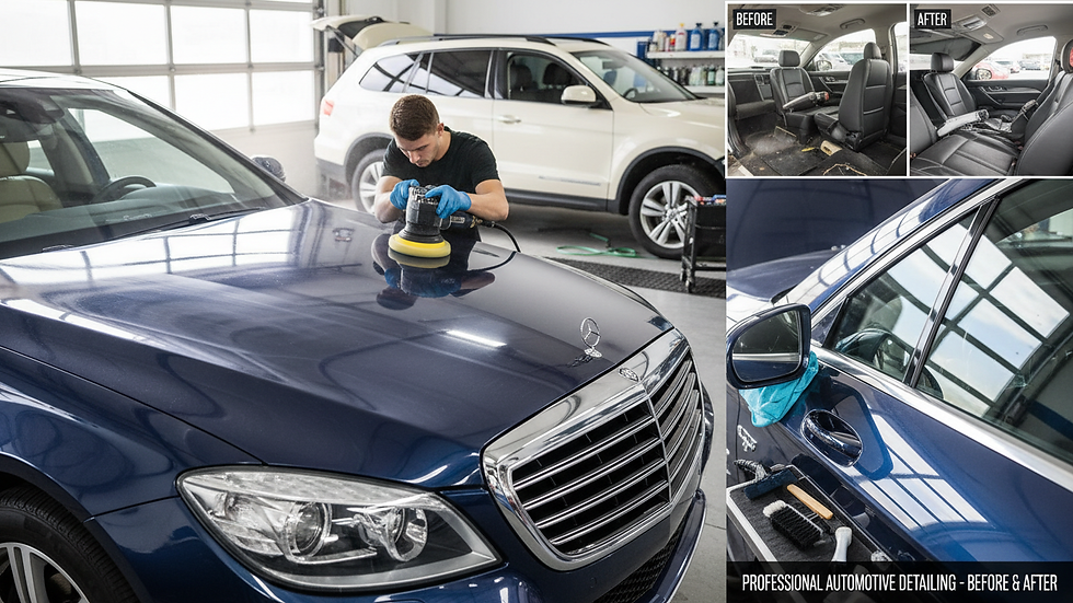 Eye-level view of a car being polished during detailing