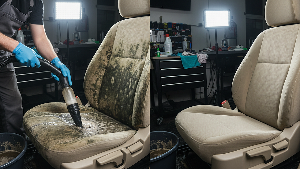 Close-up view of a technician performing interior deep cleaning on a car seat
