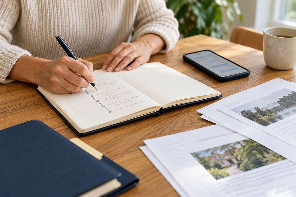 A person documenting a timeline beside a phone and printed records