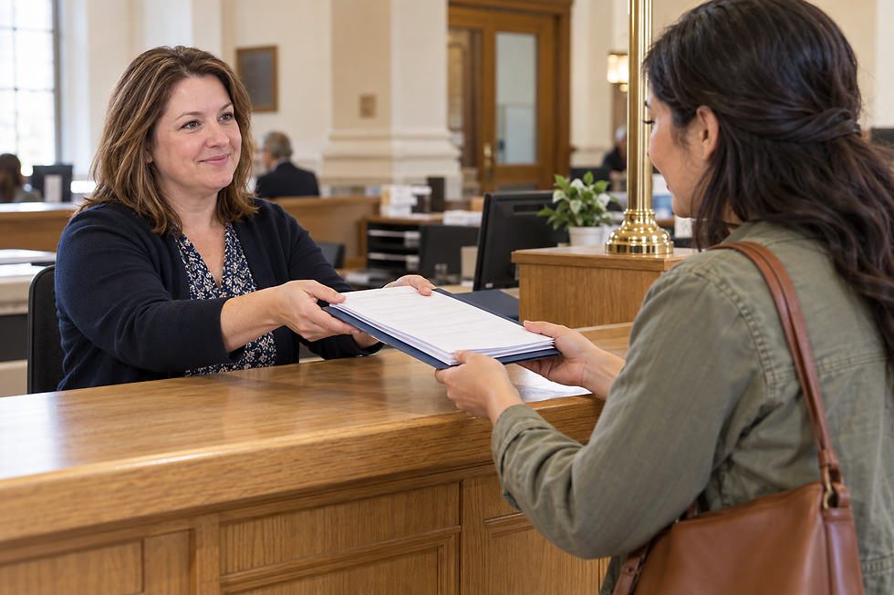 A court clerk handing an organized packet of forms to a visitor