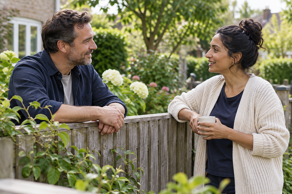 Two neighbors having a relaxed conversation across a garden fence.