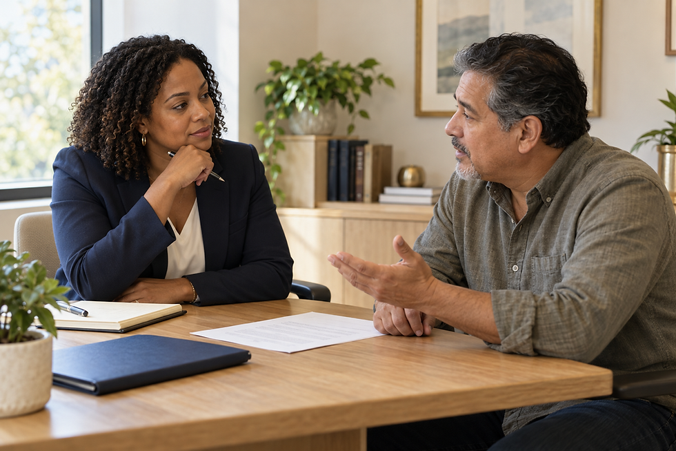 An attorney listening to a potential client during an initial consultation.