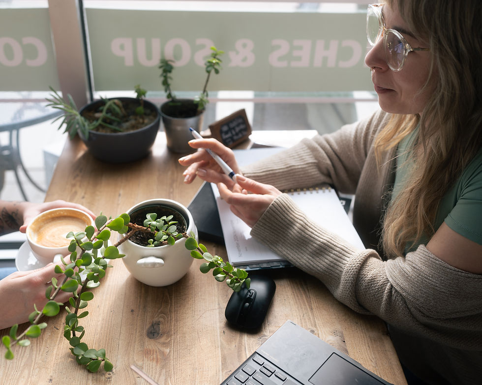 Coach Meg listening to a client talk about their life and formulating a plan for optimization. Lady/ woman at cafe table with laptop and coffee.