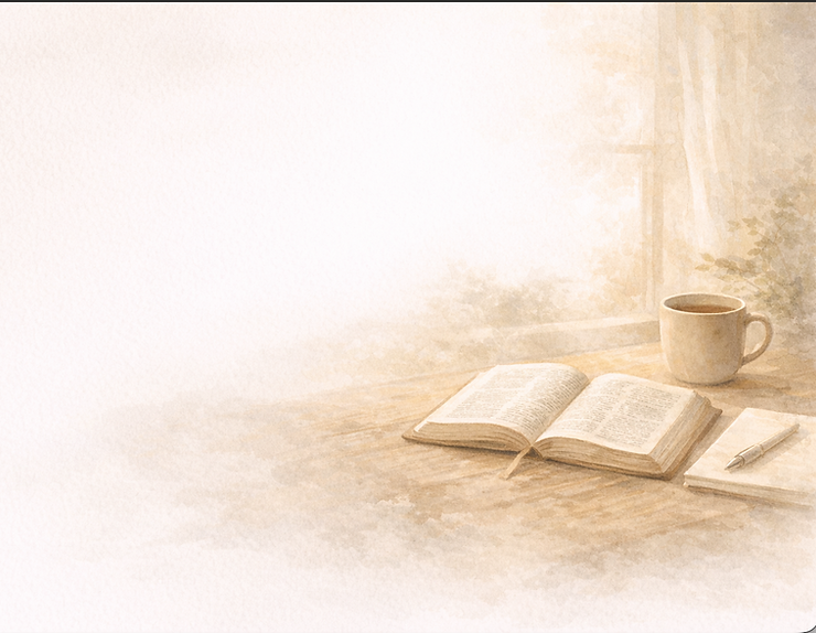 Eye-level view of an open Bible on a wooden table