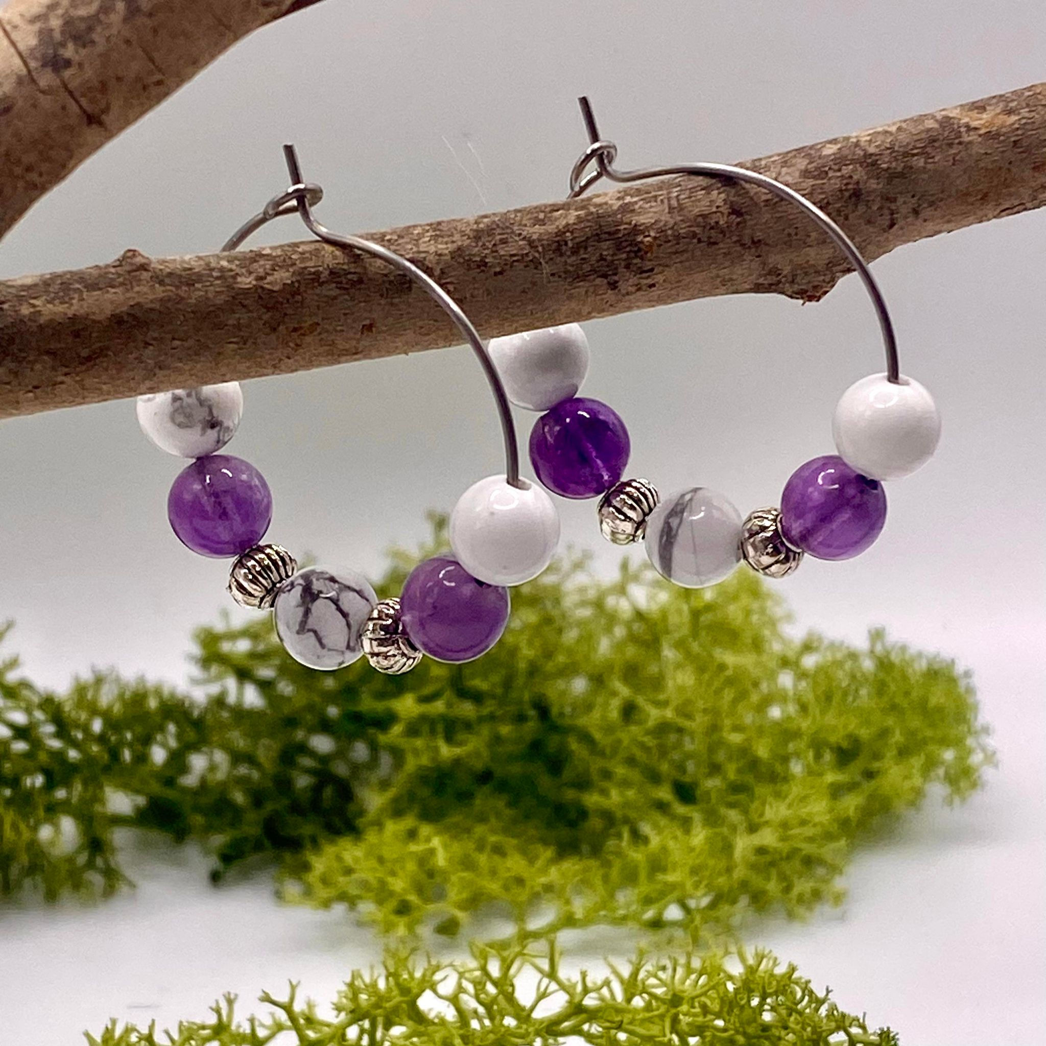 Boucles d’Oreilles Améthyste & Howlite — Sérénité & Confiance
