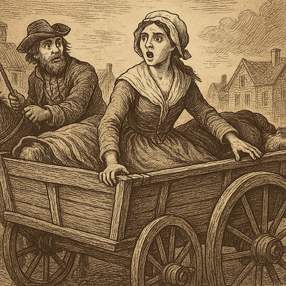 Vintage illustration of a distressed woman sitting up in a cart of bodies and bearded man looking on in astonishment in rustic clothing on a wooden cart. Historical village setting in sepia tones.