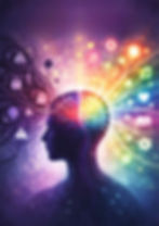Abstract illustration of a human profile with a glowing brain, showing dark intrusive thought symbols on one side transforming into colorful positive associations on the other, representing association splitting as a self‑help technique for reducing obsessive thoughts and OCD.