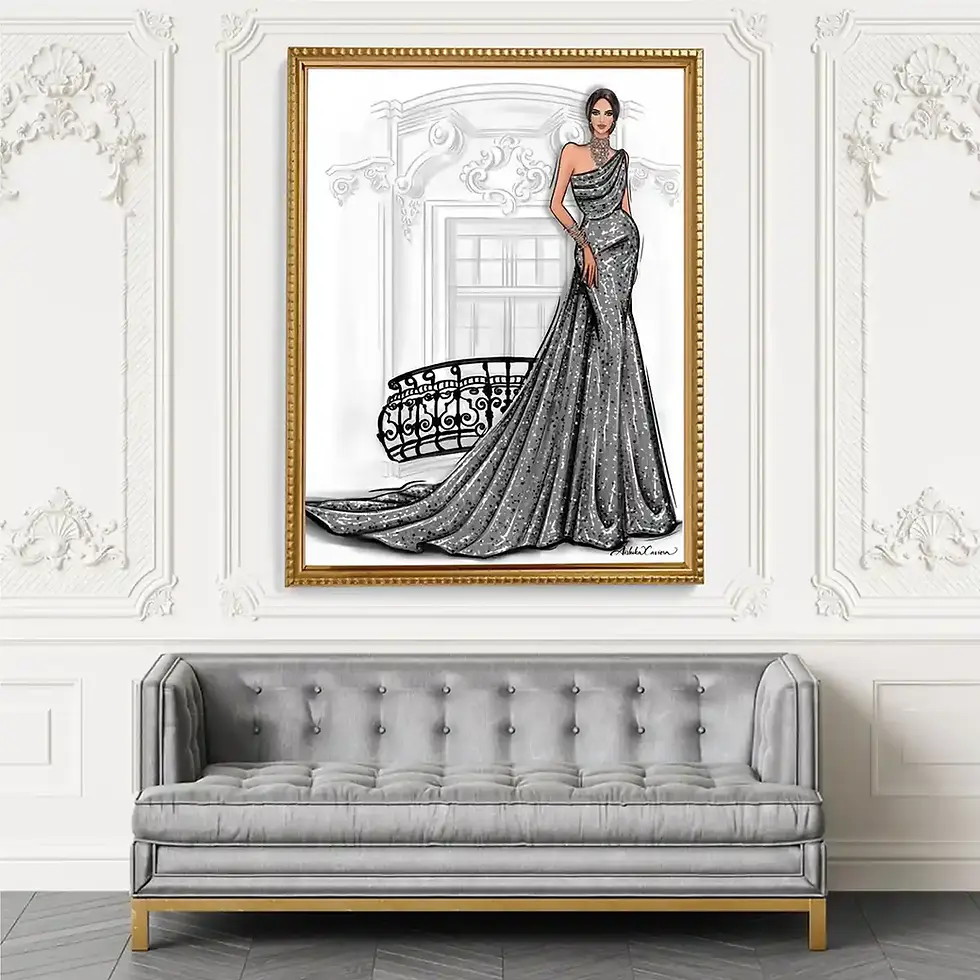 Thumbnail: Aishika Xaviera Fashion illustration print of chic model in black sparkling Elie Saab Couture gown, ornate Parisian balcony.