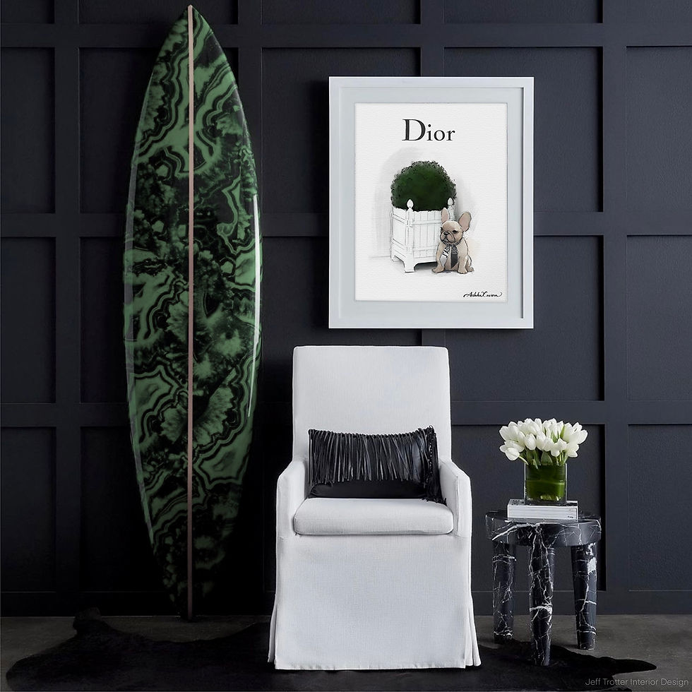 Thumbnail: Aishika Xaviera luxury fashion illustration fine art print - Posh Pets collection of cute Frenchie bulldog shopping at Dior