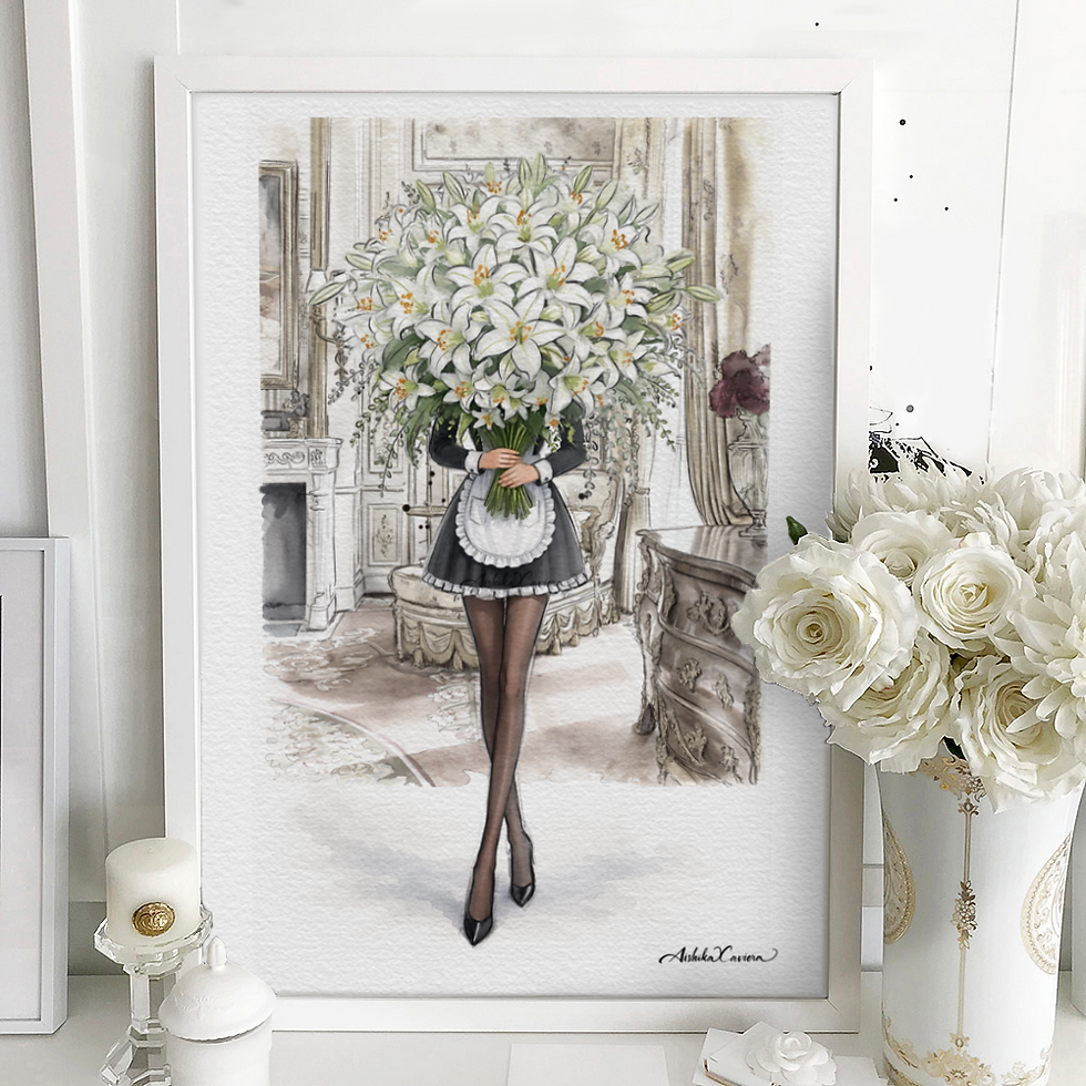 A fine art fashion illustration painting by artist Aishika Xaviera shows a fashion model woman in a couture maid outfit holding a large bouquet of white lilies. Luxurious room background of the Suite Imperiale at the Ritz Paris luxury hotel. Vase with white roses nearby on a marble mantle.