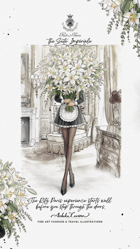 AISHIKA XAVIERA fine art fashion illustration for Hotel Postcards Luxury Travel Collection - Ritz Paris featuring a luxurious opulent suite Imperiale. Features an elegant woman in a black and white short couture dress holding a large bouquet of lilies. Elegant setting with flowers. Text: Suite Imperiale Ritz Paris.