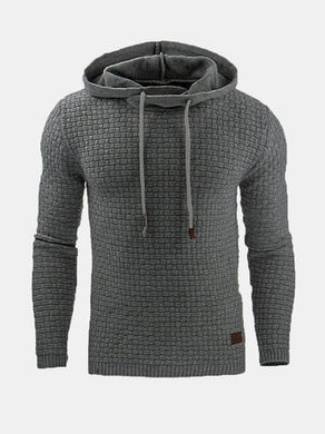 Men Warm Jacquard Hooded Sweatshirts Casual Solid Color Long Sleeve Sport Hoodies - Black XL