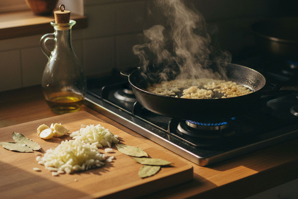 Sizzling pan on stove with steaming onions and garlic. Cutting board holds chopped ingredients. Glass oil bottle nearby in warm kitchen. Garlic and onions sautéing in a pan with steam rising, capturing strong aromatics that make the house smell after cooking.