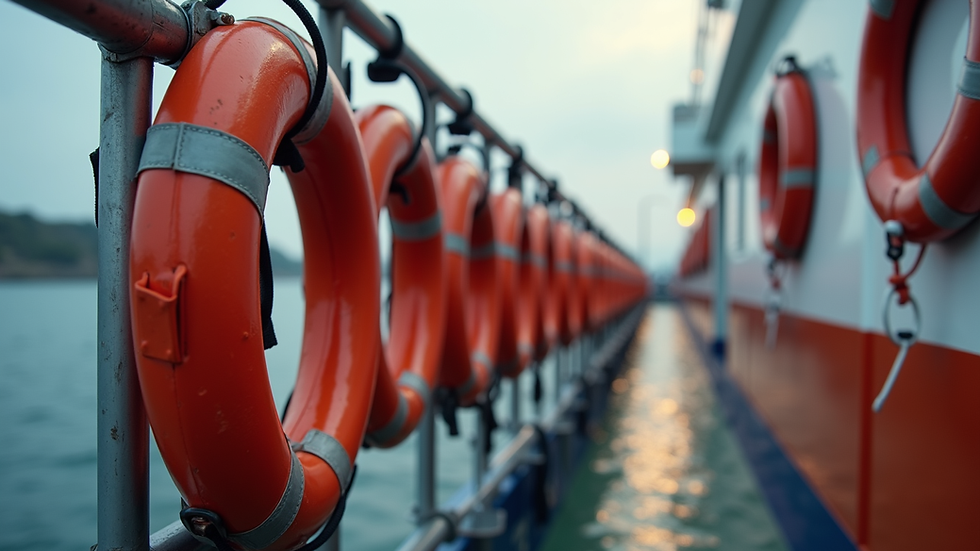 Close-up view of a life jacket and safety equipment on a boat deck