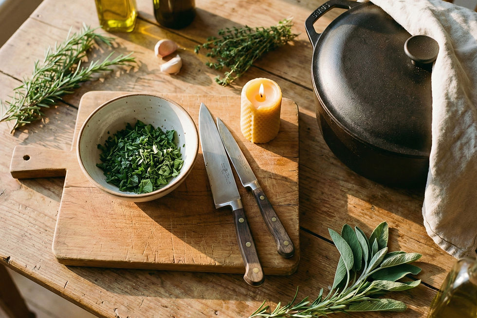 Chopping board with herbs in a bowl, two knives, a lit candle, rosemary, and a covered black pot on a rustic wooden table. Cozy kitchen scene.