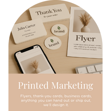 Printed marketing materials including business cards, thank-you cards, and flyers designed for small business branding.