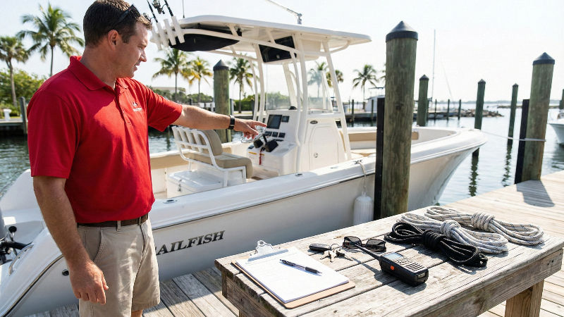 Man in red shirt gestures toward a white boat at a marina. A table holds ropes, clipboard, and radio. Palm trees and pilings in background.