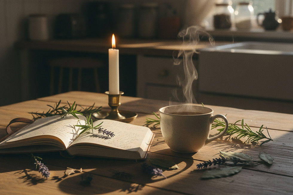 Steaming cup, open book with sprigs, lit candle on dining table. Warm sunlight filters through kitchen window, creating a cozy mood. A peaceful cozy kitchen table with a steaming cup of tea, open journal, herbs, and a lit candle, reflecting the slow and intentional cozy cooking lifestyle.