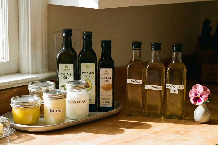 Assorted oil bottles and jars on a wooden counter in sunlight. Labels: Olive, Avocado, Sesame, Canola, Vegetable, Grapeseed, Tallow, Coconut. Pink flower. A lineup of common cooking oils and fats on a modern cozy kitchen counter in warm morning sunlight, with a small pink pansy in a vase.