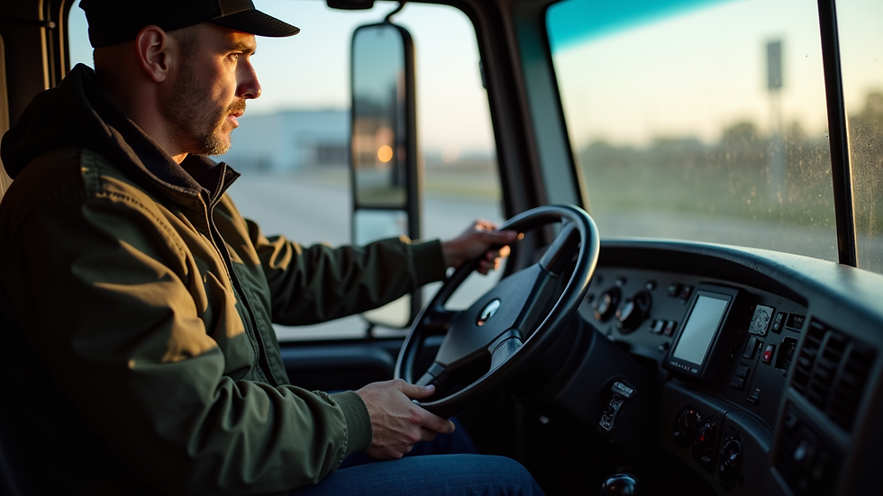Close-up view of a tow truck driver operating controls inside the truck cabin