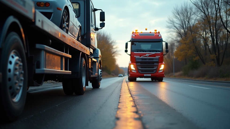 Eye-level view of a tow truck hooking up a car on a roadside