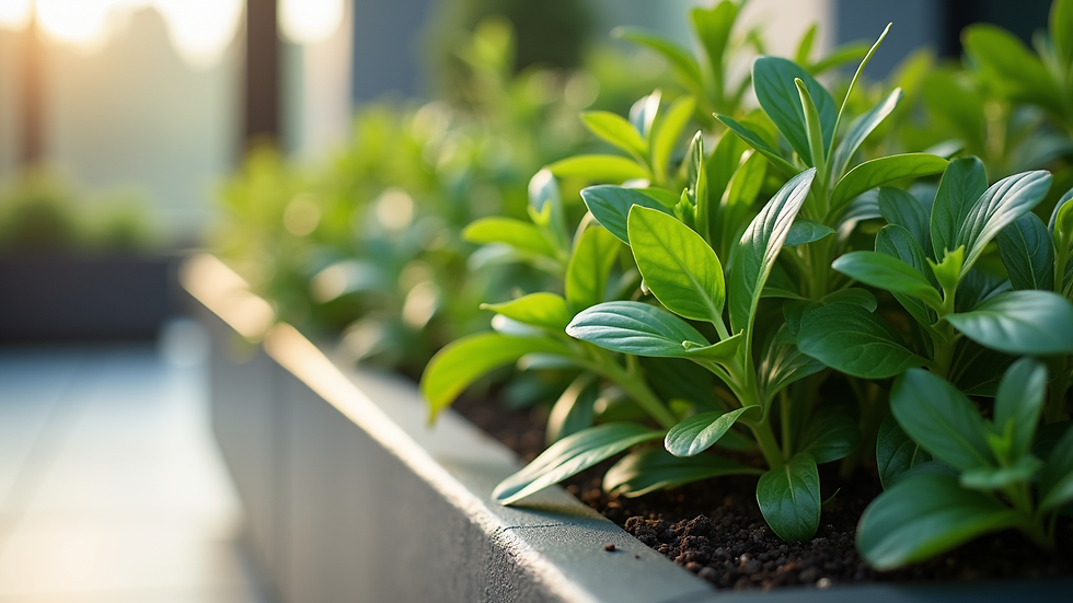 Close-up view of a modern sustainable planter with green plants