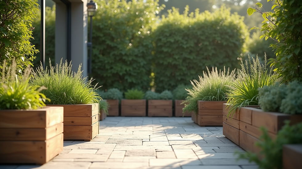 Eye-level view of a garden corner with various sustainable planters