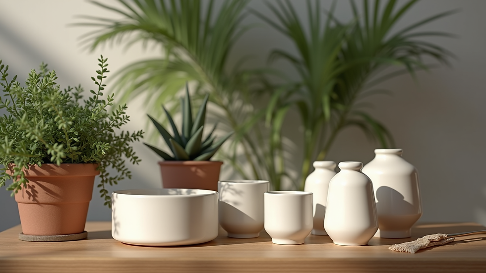 Plano detalle de macetas modernas de cerámica con plantas variadas en salón bohemio