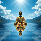meditating buddhe reflected in water with blue sky and light beam.jpg