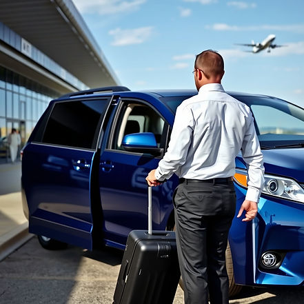 Professional chauffeur in white shirt and dark trousers standing beside a blue Toyota Sien