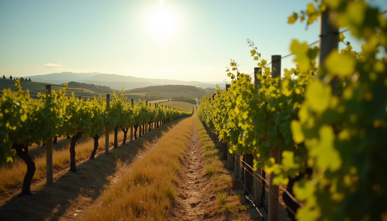 Sunny vineyard rows stretching into rolling hills at sunset.