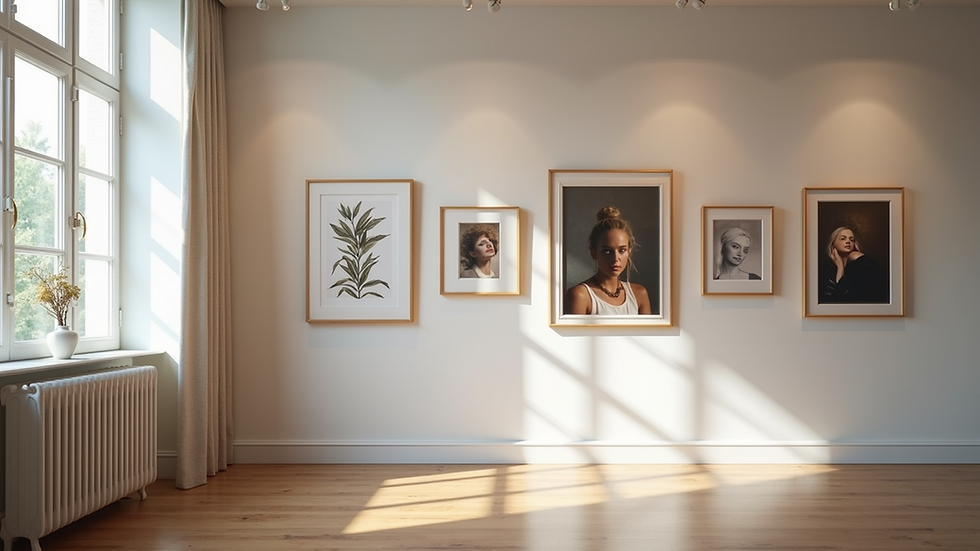 Eye-level view of a beautifully arranged gallery wall featuring various art styles