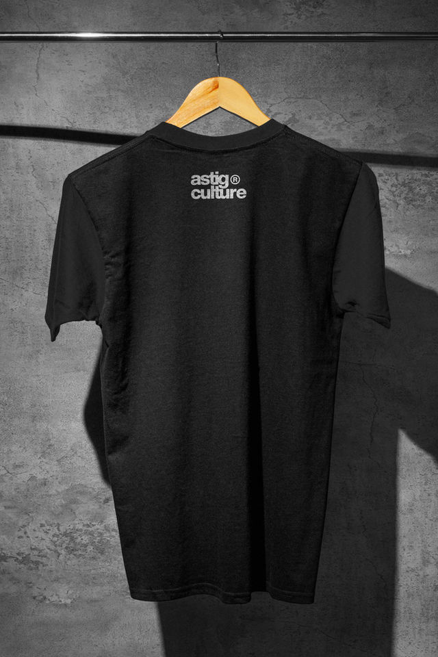 Black t-shirt with white "astig culture" logo on the back