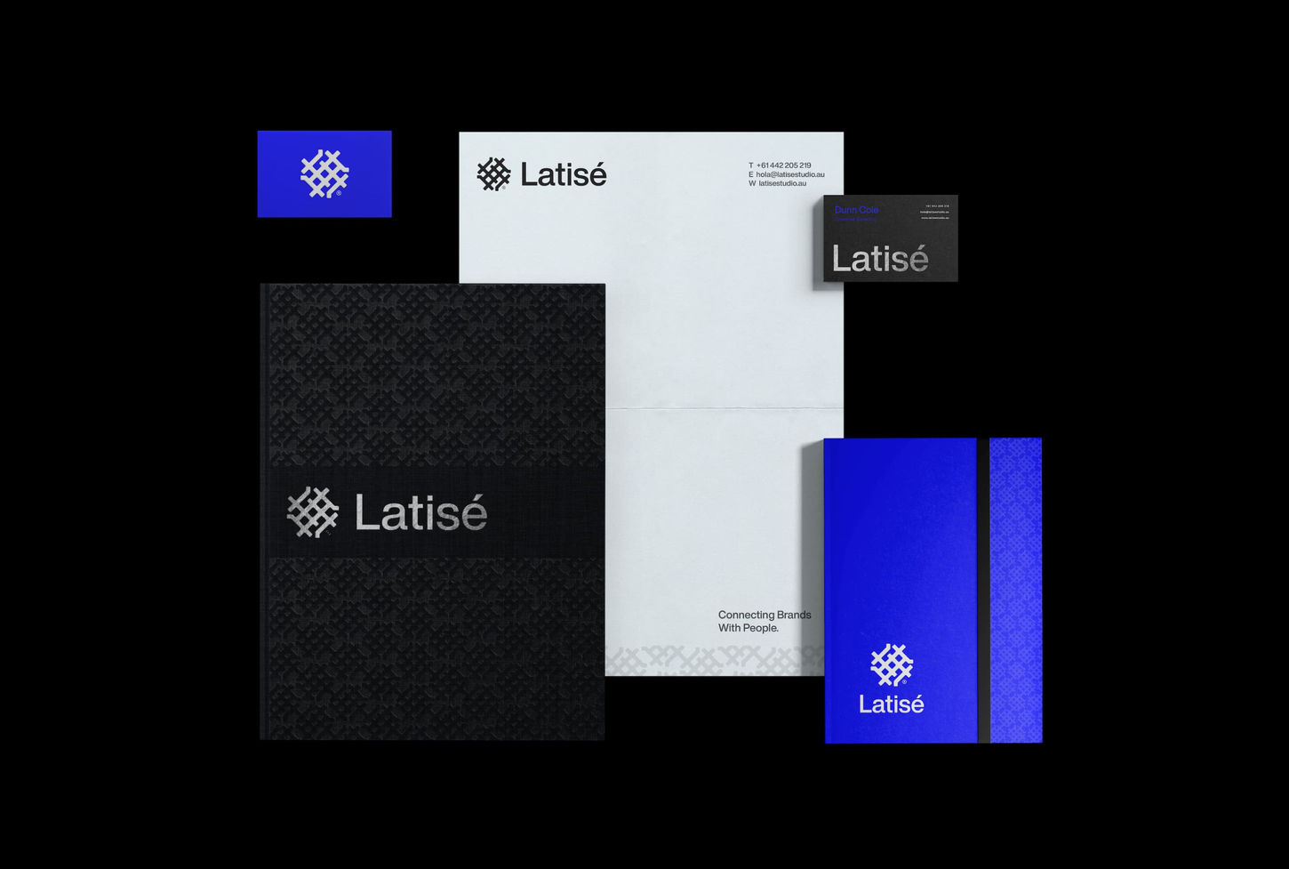 Branded stationery set with 'Latisé' logo: black folder, white letterhead, blue notebook, and black business card, showing professionalism.