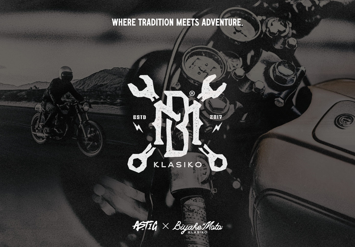 Black-and-white image of motorcyclist on highway with vintage bike details. Center text 'Klasiko' evokes adventure and nostalgia.