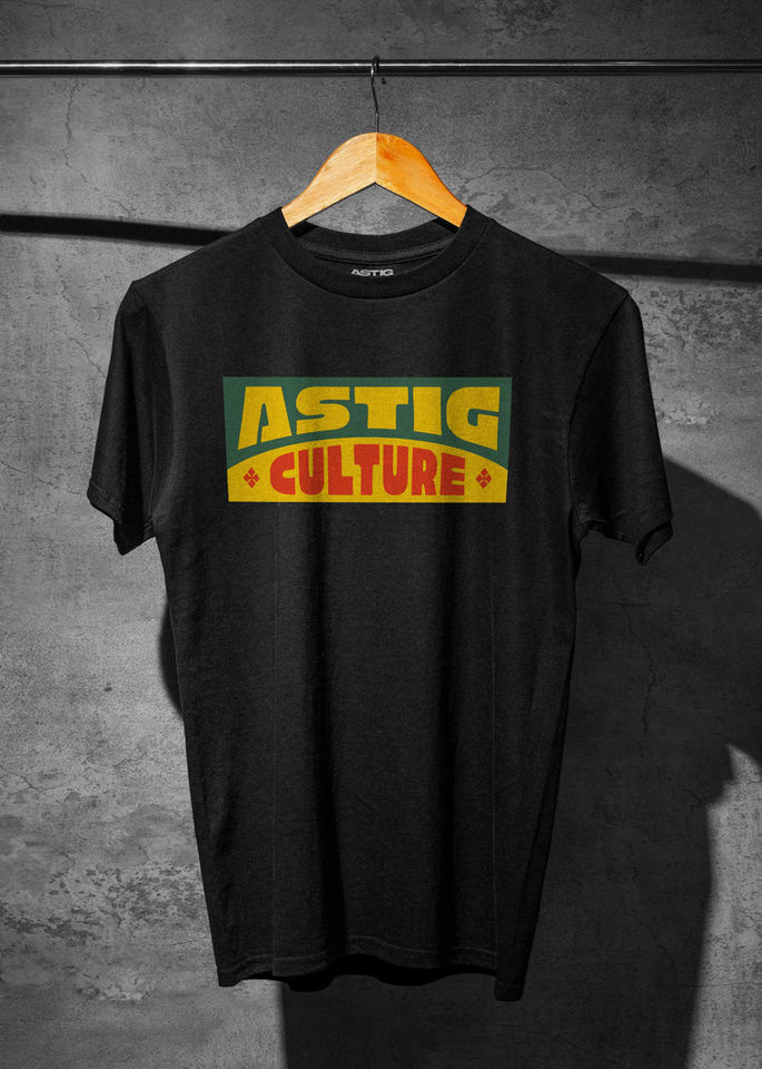 Black T-shirt with bold text "ASTIG CULTURE" on the chest, in vibrant green and yellow.