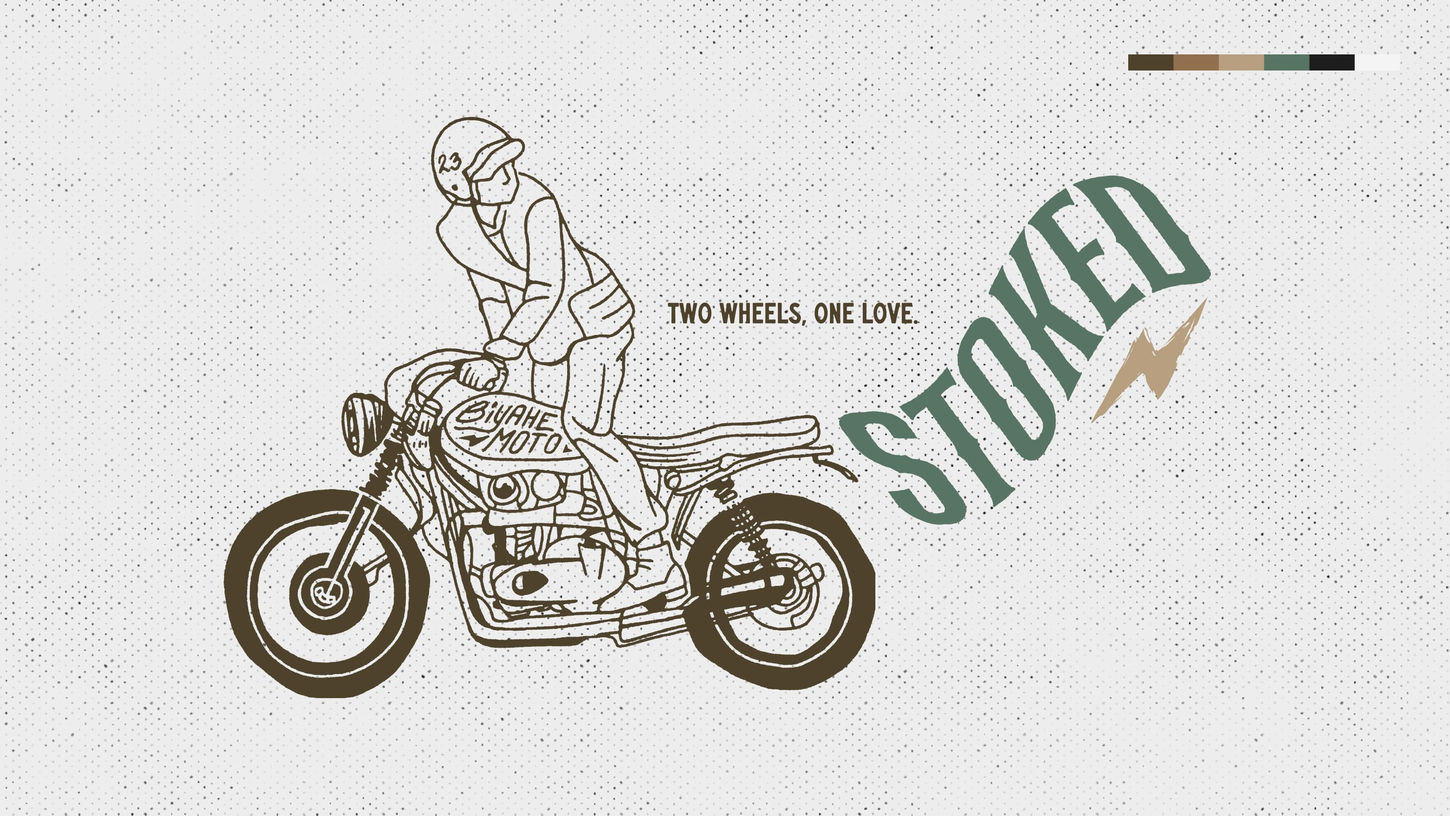 Illustration of a person riding a vintage motorcycle labeled "BIYAHE MOTO," with text "Two Wheels, One Love" and "STOKED." Vintage, adventurous vibe.