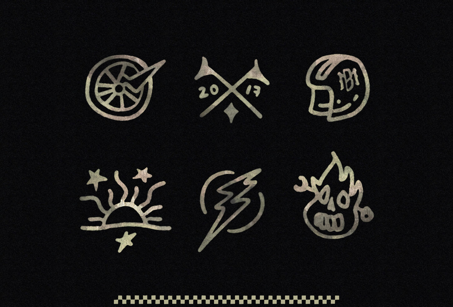 Abstract icons on a black background include a wheel, crossed flags with “2017,” helmet, sunrise with stars, lightning bolt, and a flaming skull.